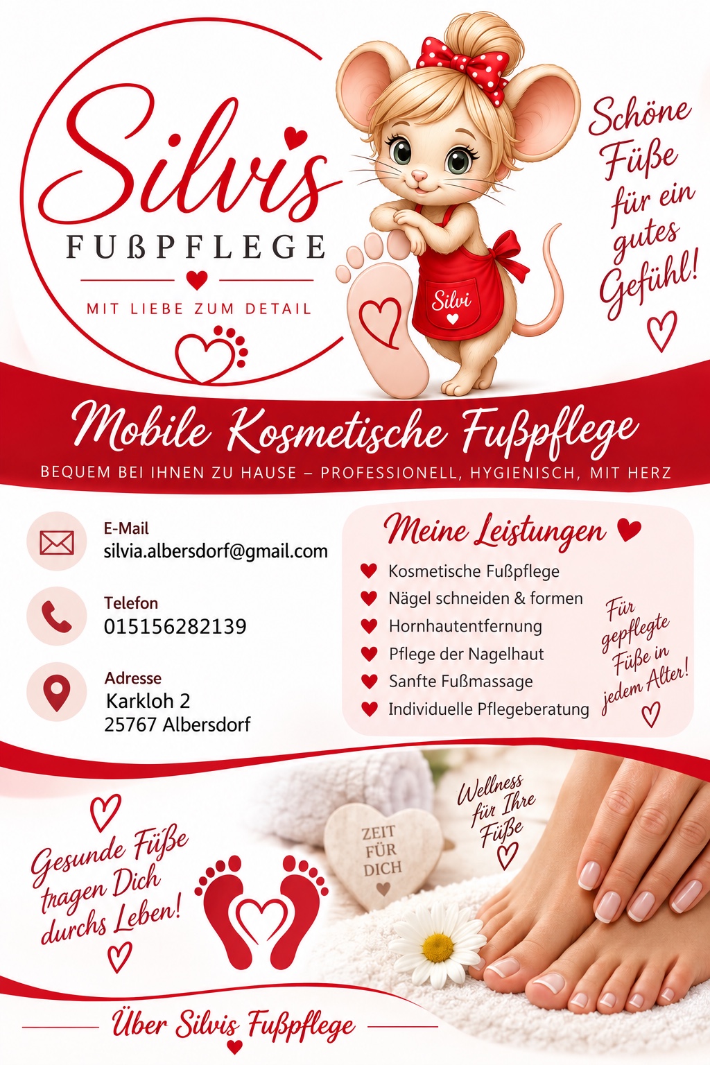 Leistungen von Silvis Fußpflege: kosmetische Fußpflege, Nagelpflege, Hornhautentfernung und Fußmassage
